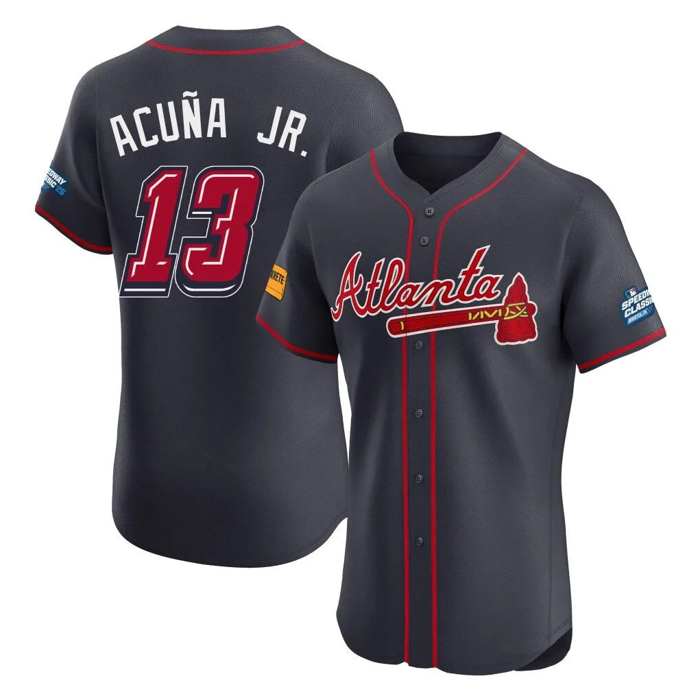Atlanta Braves #13 Ronald Acuna Jr Player Navy AmberGomez 2025 Speedway Classic Limited Elite Home Game Stitched Jerseys