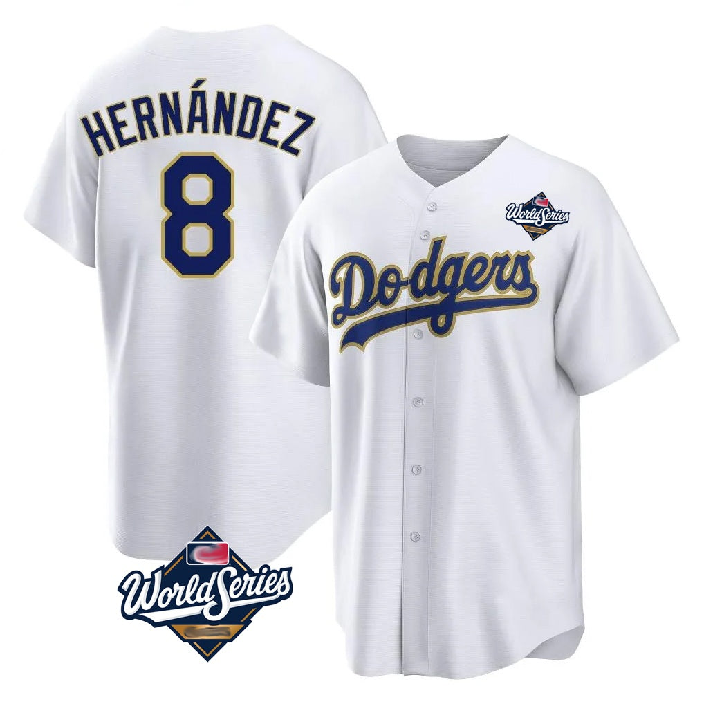 Los Angeles Dodgers #8 Enrique Hern¨¢ndez Player Gold White AmberGomez World Series 2026 Collection Stadium Game Stitched Jerseys