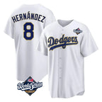 Los Angeles Dodgers #8 Enrique Hern¨¢ndez Player Gold White AmberGomez World Series 2026 Collection Stadium Game Stitched Jerseys