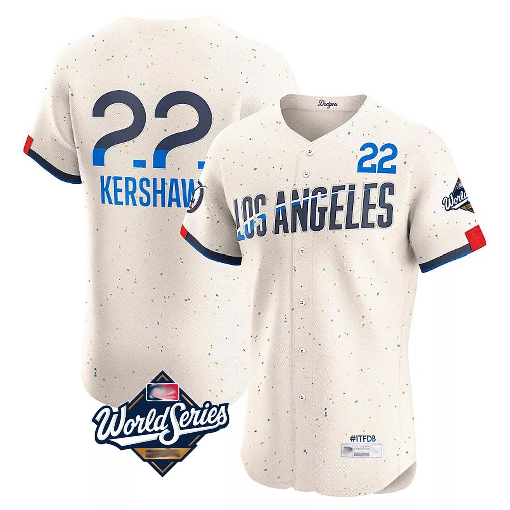 Los Angeles Dodgers #22 Clayton Kershaw Player Cream AmberGomez World Series City Connect Limited Elite Home Stitched Jerseys