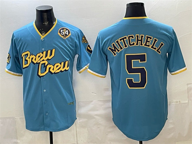 Milwaukee Brewers #5 Garrett Mitchell Powder Blue AmberGomez City Connect With Home & Bob Uecker Patch Limited Stitched Jersey