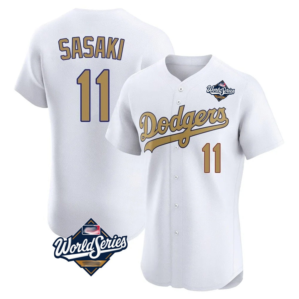 Los Angeles Dodgers #11 Roki Sasaki Player White Gold AmberGomez World Series Limited Elite Home Stitched Jerseys