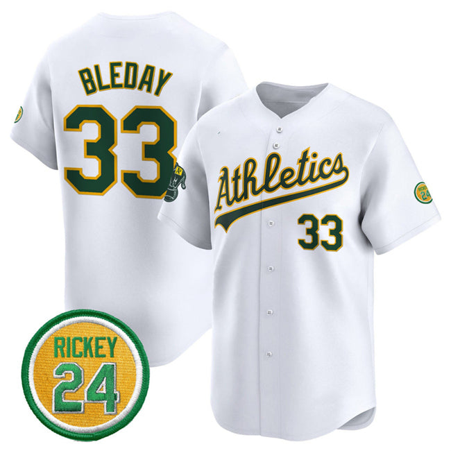 Oakland Athletics #33 JJ Bleday White AmberGomez 2024 Home Limited With Rickey Henderson Patch Stitched Jersey