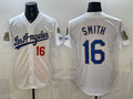 Los Angeles Dodgers #16 Will Smith White AmberGomez 2026 Gold Collection 9x & B2B Champs Patch Stitched Jersey