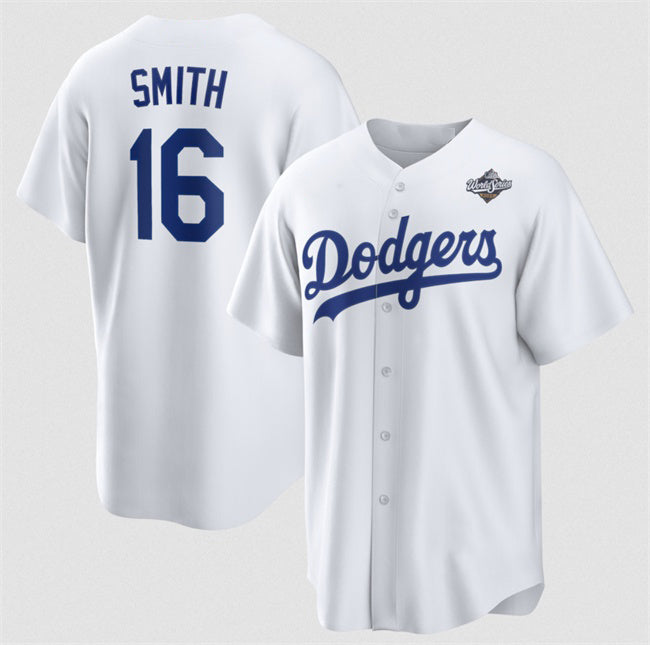 Los Angeles Dodgers #16 Will Smith White AmberGomez 2025 World Series Home Cool Base Stitched Jersey