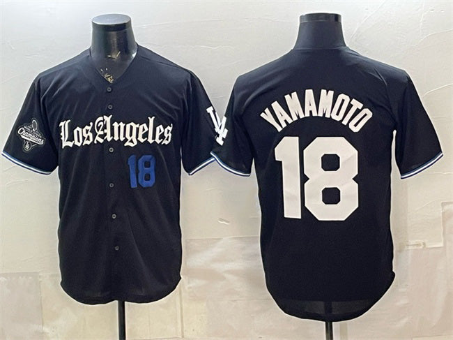 Los Angeles Dodgers #18 Yoshinobu Yamamoto Black AmberGomez 2025 World Series Champions Patch 'Gothic Edition' Vapor Premier Limited Stitched Jersey