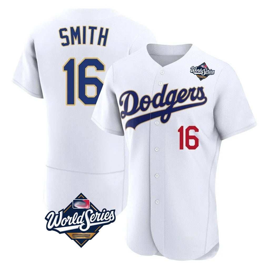 Los Angeles Dodgers #16 Will Smith Player Gold White AmberGomez World Series 2026 Collection Stadium Limited Elite Stitched Jerseys