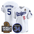 Los Angeles Dodgers #5 Freddie Freeman White AmberGomez 2024 World Series With Fernando Memorial Patch Limited Stitched Jersey