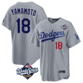Los Angeles Dodgers #18 Yoshinobu Yamamoto Player Gray AmberGomez World Series Game Home Stitched Jerseys