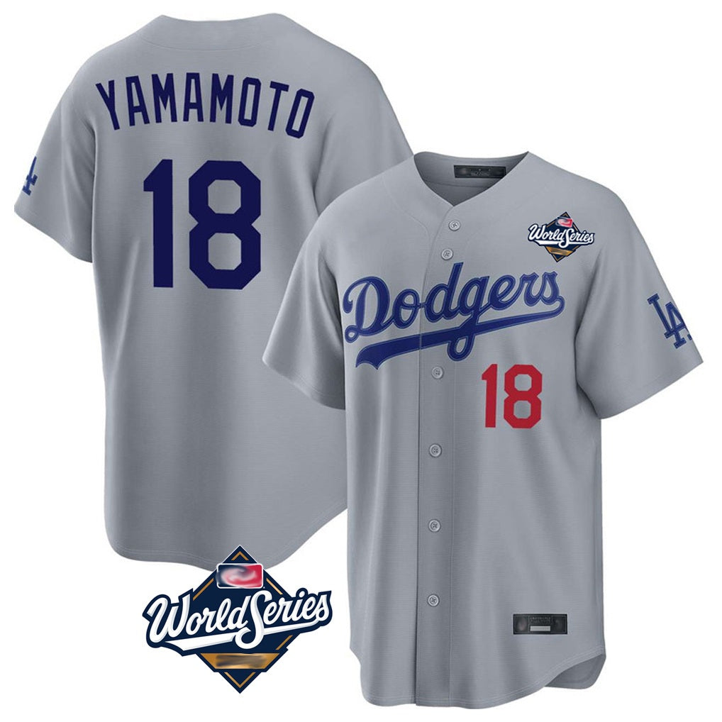 Los Angeles Dodgers #18 Yoshinobu Yamamoto Player Gray AmberGomez World Series Game Home Stitched Jerseys