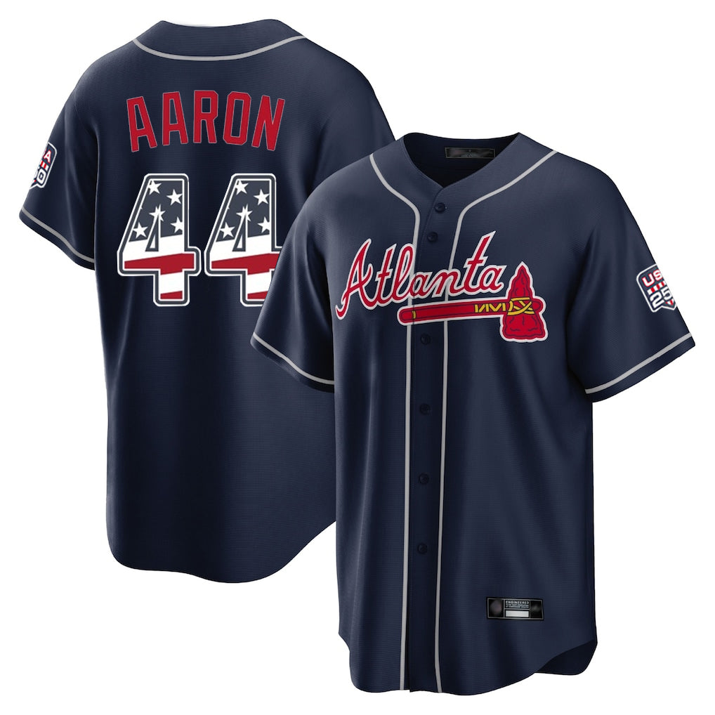 Atlanta Braves #44 Hank Aaron Player Navy AmberGomez USA 250 Fourth Of July Limited Home Game Stitched Jerseys