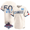 Los Angeles Dodgers #50 Mookie Betts Cream AmberGomez 2024 World Series Champions City Connect Limited Stitched Jersey