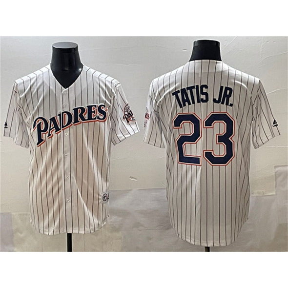 San Diego Padres #23 Fernando Tatis Jr. White AmberGomez Throwback With Patch Cool Base Stitched Jersey