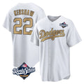 Los Angeles Dodgers #22 Clayton Kershaw Player White Gold AmberGomez World Series Collection Game Home Stitched Jerseys