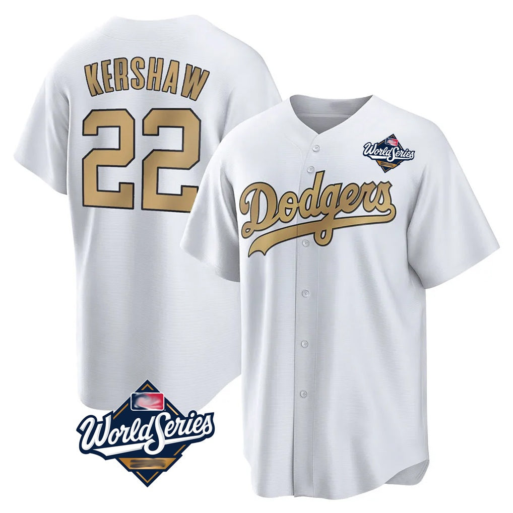 Los Angeles Dodgers #22 Clayton Kershaw Player White Gold AmberGomez World Series Collection Game Home Stitched Jerseys