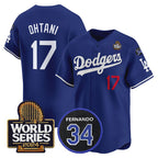 Los Angeles Dodgers #17 Shohei Ohtani Royal AmberGomez 2024 World Series With Fernando Memorial Patch Limited Stitched Jersey 2