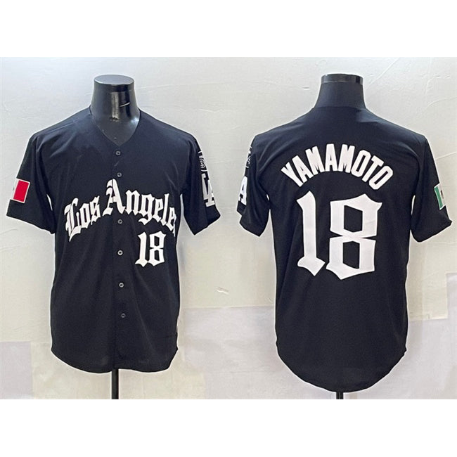Los Angeles Dodgers #18 Yoshinobu Yamamoto Black AmberGomez Mexico 2025 LA Gothic Style With Fernando Patch Vapor Premier Limited Stitched Jersey