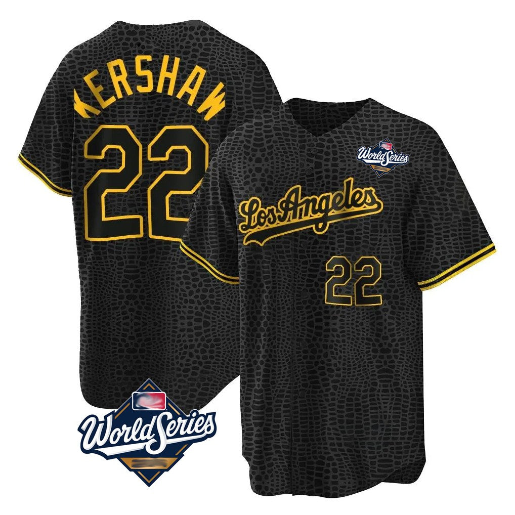 Los Angeles Dodgers #22 Clayton Kershaw Player Black AmberGomez World Series Snake Skin City Game Home Stitched Jerseys