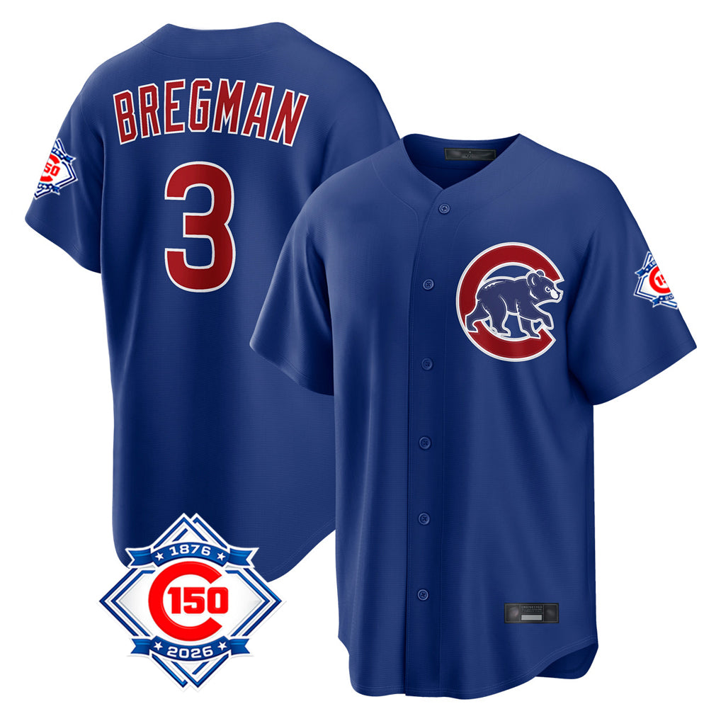 Chicago Cubs #3 Alex Bregman Player Royal AmberGomez 150th Anniversary Home Game Stitched Jerseys