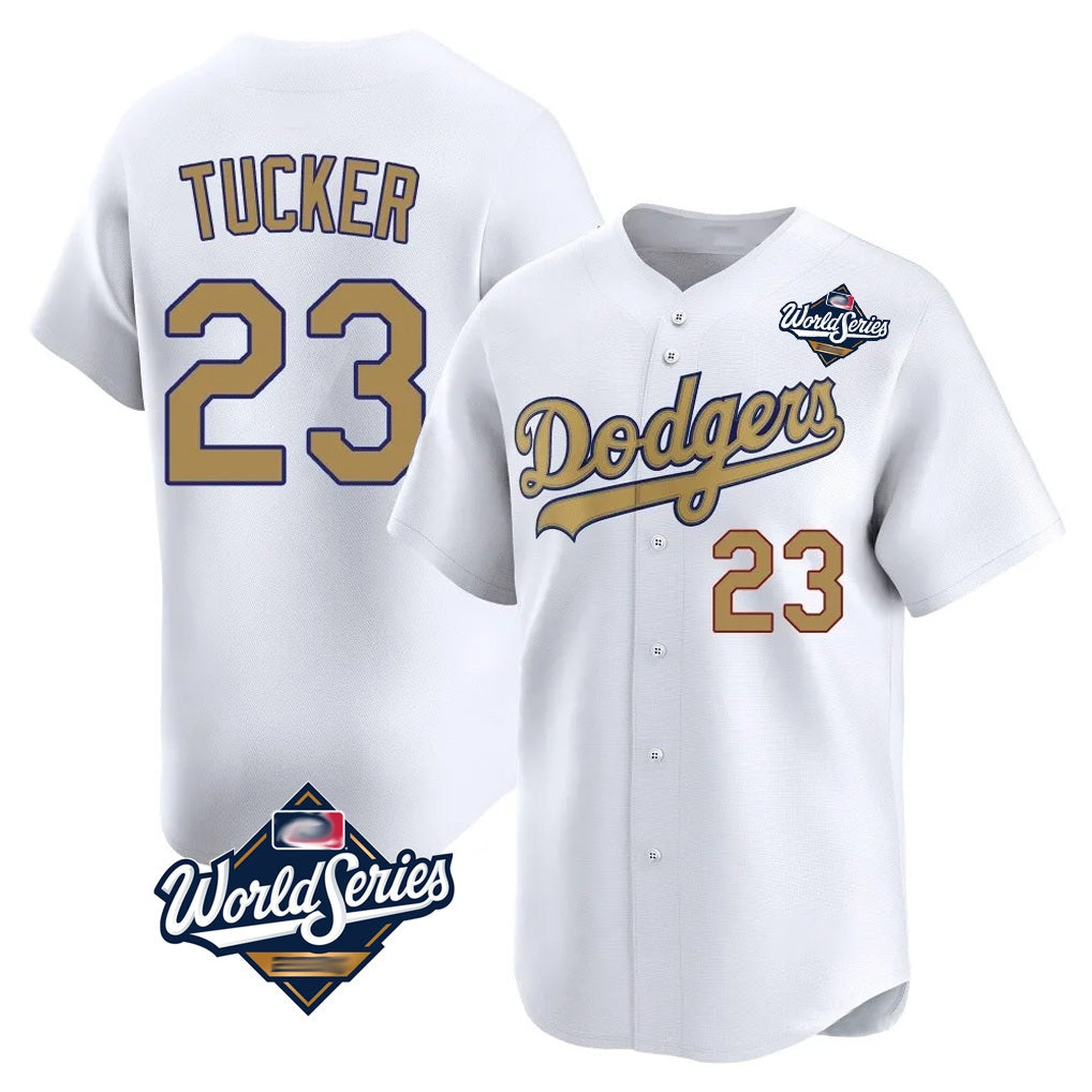 Los Angeles Dodgers #23 Kyle Tucker Player White Gold AmberGomez World Series Collection Limited Home Stitched Jerseys