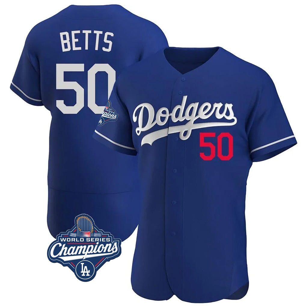 Los Angeles Dodgers #50 Mookie Betts Player Royal AmberGomez World Series Meet Limited Elite Home Stitched Jerseys