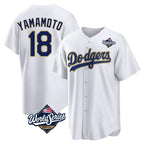 Los Angeles Dodgers #18 Yoshinobu Yamamoto Player Gold White AmberGomez World Series 2026 Collection Stadium Game Stitched Jerseys
