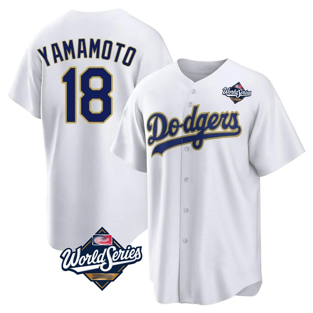 Los Angeles Dodgers #18 Yoshinobu Yamamoto Player Gold White AmberGomez World Series 2026 Collection Stadium Game Stitched Jerseys