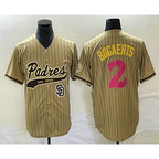 San Diego Padres #2 Xander Bogaerts Tan AmberGomez Pinstripe 2023 City Connect Cool Base Stitched Jersey 2