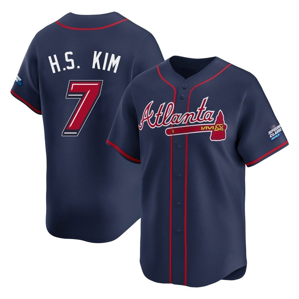 Atlanta Braves #7 Ha-Seong Kim Player Navy AmberGomez 2025 Speedway Classic Home Game Stitched Jerseys