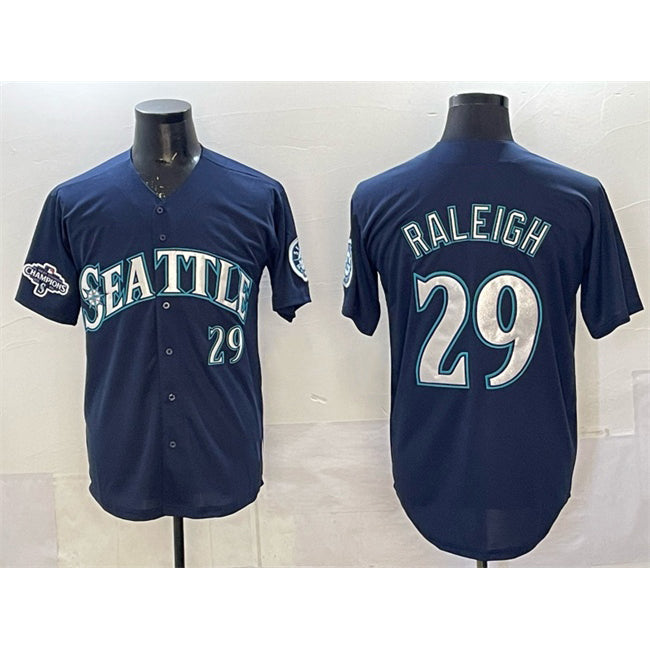 Seattle Mariners #29 Cal Raleigh Navy AmberGomez With 2025 AL West Division Champions Patch Limited Stitched jersey