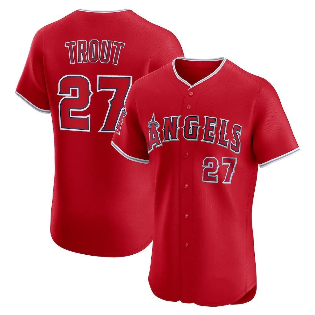 Los Angeles Angels #27 Mike Trout Red AmberGomez Alternate Elite Jersey