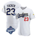 Los Angeles Dodgers #23 Kyle Tucker Player Gold White AmberGomez World Series Meet 2026 Collection Stadium Limited Elite Stitched Jerseys
