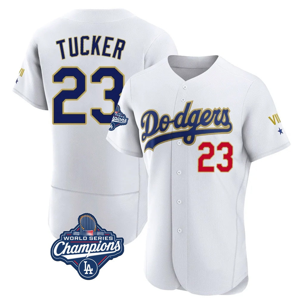 Los Angeles Dodgers #23 Kyle Tucker Player Gold White AmberGomez World Series Meet 2026 Collection Stadium Limited Elite Stitched Jerseys