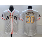 Houston Astros #30 Kyle Tucker 2023 White Gold AmberGomez World Serise Champions Patch Flex Base Stitched Jersey