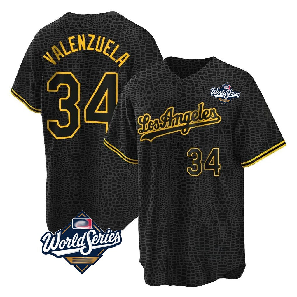 Los Angeles Dodgers #34 Fernando Valenzuela Player Black AmberGomez World Series Snake Skin City Game Home Stitched Jerseys