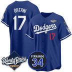 Los Angeles Dodgers #17 Shohei Ohtani Royal AmberGomez 2025 World Series With No.34 Patch Limited Stitched Jersey