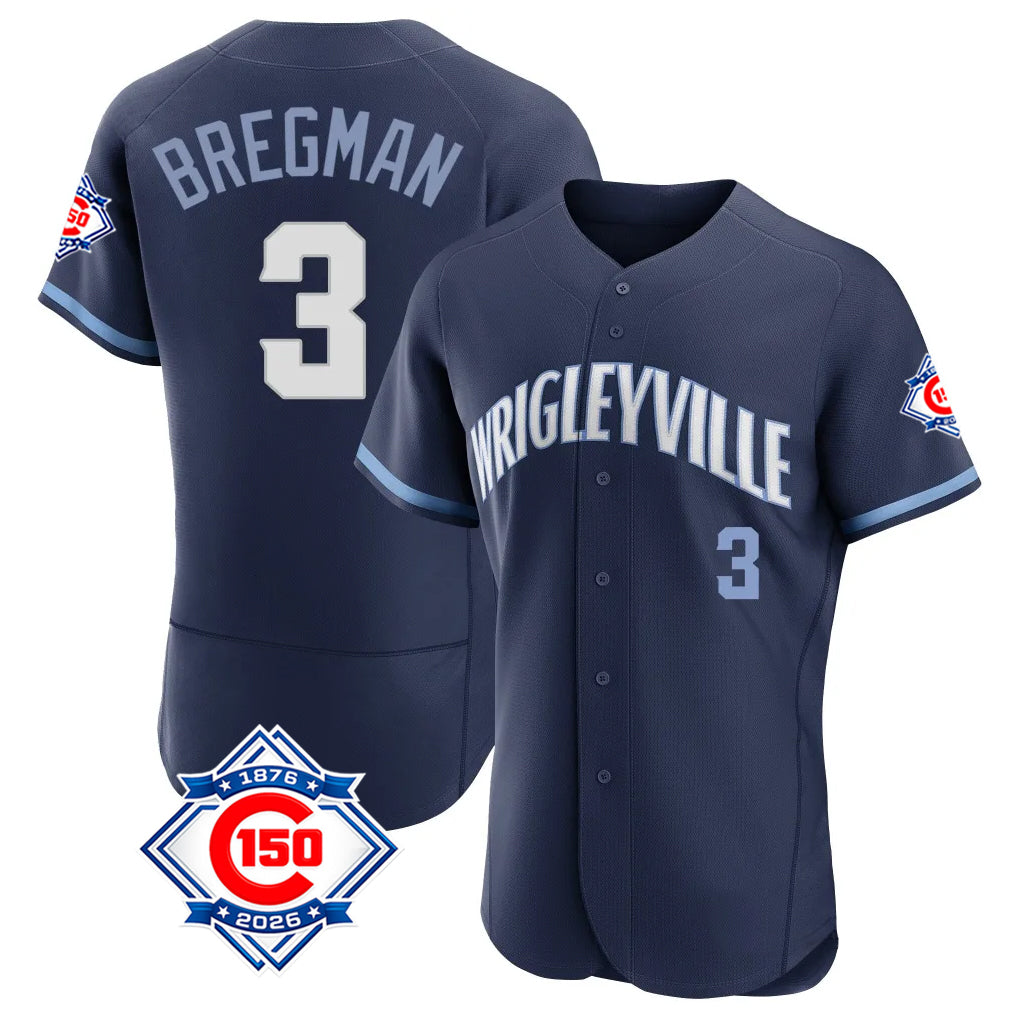 Chicago Cubs #3 Alex Bregman Player Navy AmberGomez City Connect 150th Anniversary Limited Elite Home Stitched Jerseys