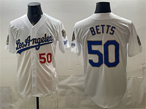 Los Angeles Dodgers #50 Mookie Betts White AmberGomez 2026 Gold Collection 9x & B2B Champs Patch Stitched Jersey