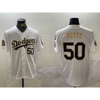 Los Angeles Dodgers #50 mookie betts white gold AmberGomez 2024 world series with fernando memorial patch limited stitched jersey
