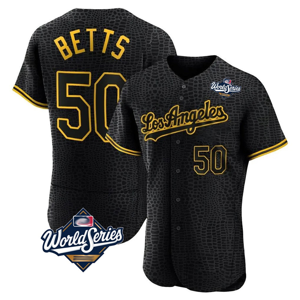 Los Angeles Dodgers #50 Mookie Betts Player Black AmberGomez World Series Snake Skin City Limited Elite Home Stitched Jerseys