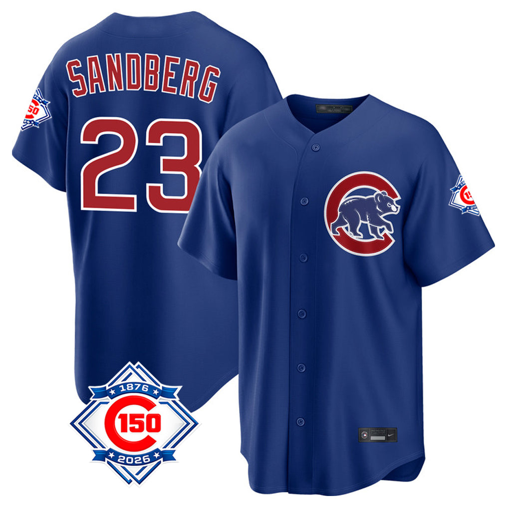 Chicago Cubs #23 Ryne Sandberg Player Royal AmberGomez 150th Anniversary Home Game Stitched Jerseys