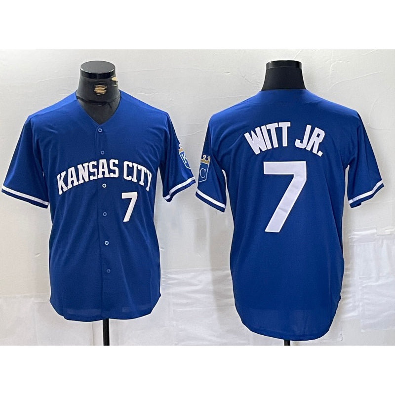 Kansas City Royals #7 Bobby Witt Jr Number Blue AmberGomez Cool Base Stitched Jersey