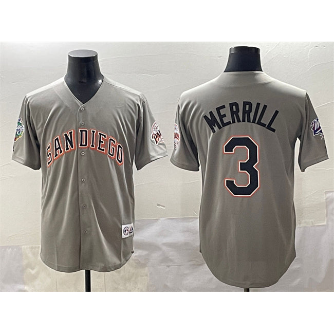 San Diego Padres #3 Jackson Merrill Gray AmberGomez Fashion Throwback With Patch Cool Base Stitched Jersey