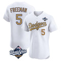 Los Angeles Dodgers #5 Freddie Freeman Player White Gold AmberGomez World Series Limited Elite Home Stitched Jerseys