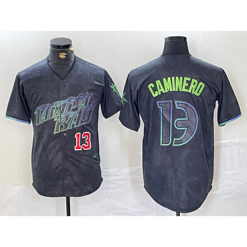 Tampa Bay Rays #13 Junior Caminero Number Charcoal AmberGomez 2024 City Connect Limited Stitched Jersey 2