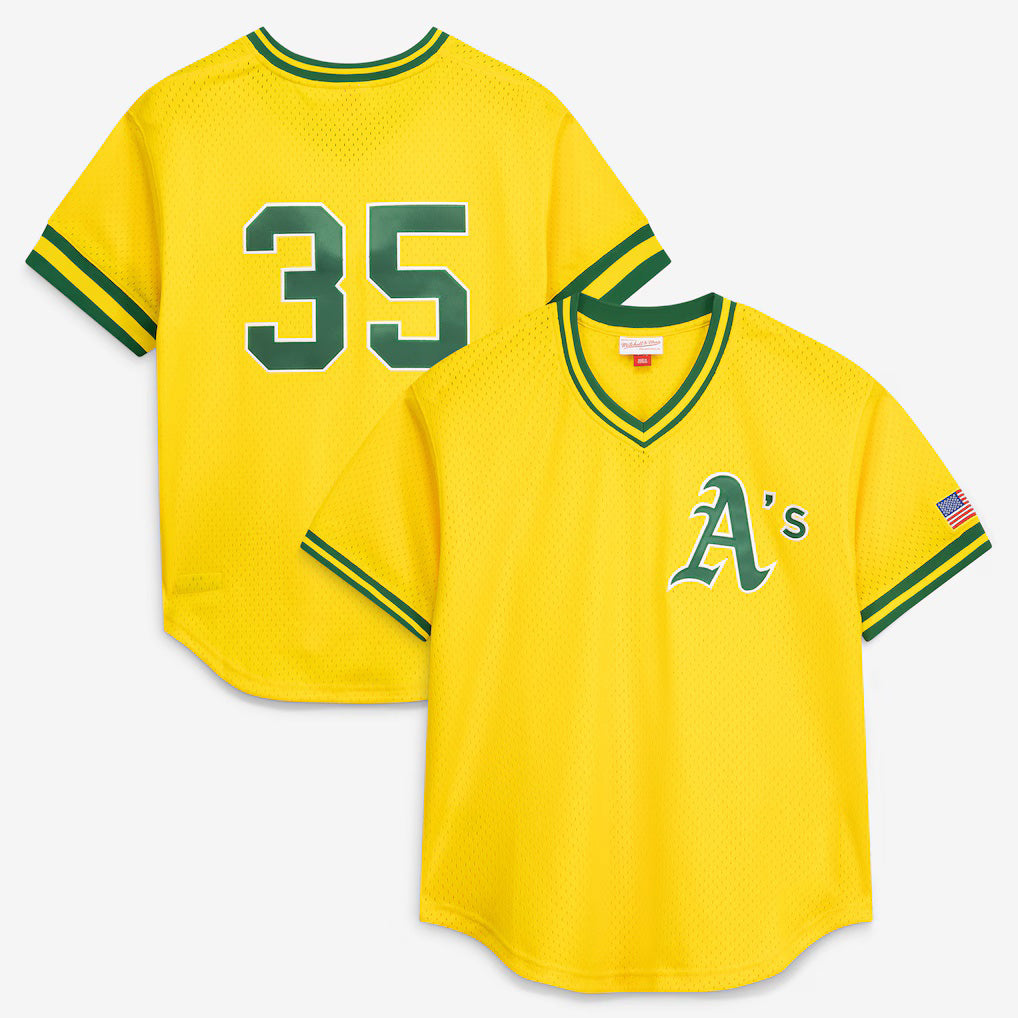 Oakland Athletics #35 Rickey Henderson Mitchell & Ness Yellow AmberGomez Authentic Batting Practice Jersey