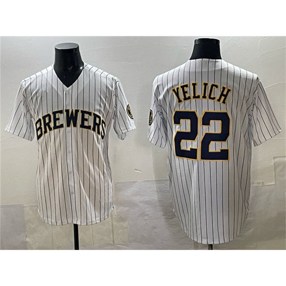 Milwaukee Brewers #22 Christian Yelich White AmberGomez Pinstripe 2025 With Patch Stitched Jersey
