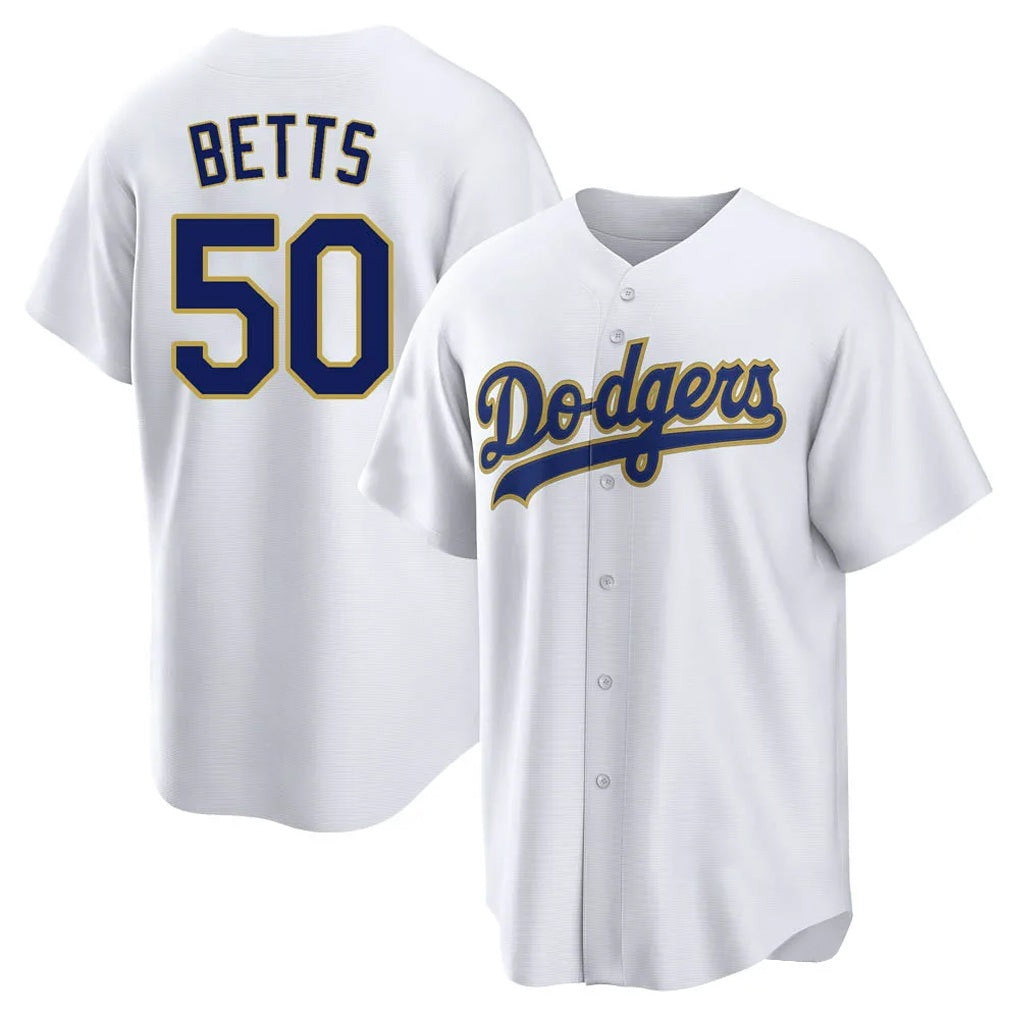 Los Angeles Dodgers #50 Mookie Betts Player Gold White AmberGomez 2026 Collection Stadium Game Stitched Jerseys