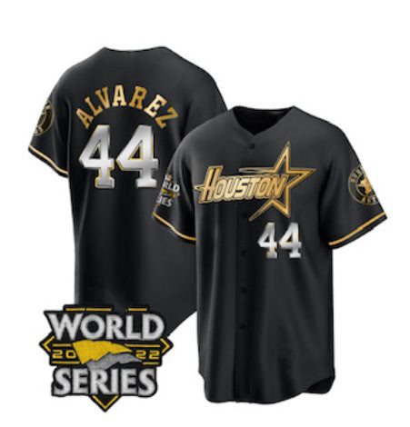 Houston Astros #44 Yordan Alvarez Black Gold AmberGomez 2022 World Series Stitched Jersey