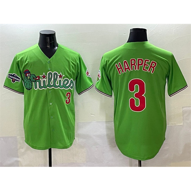 Philadelphia Phillies #3 Bryce Harper Light Green AmberGomez Phanatic With 2024 Division Champions Patch Limited Stitched Jersey